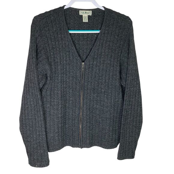 Vtg LL Bean Sweater Women L Grey Wool Cardigan Full Zip 90s V-Neck Minimalist - Picture 1 of 9